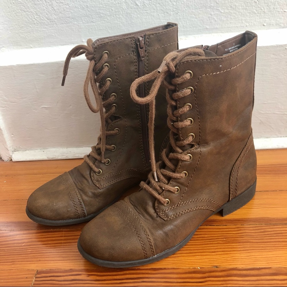 TWEED RIDE brown lace up boots (side zip), sz 9